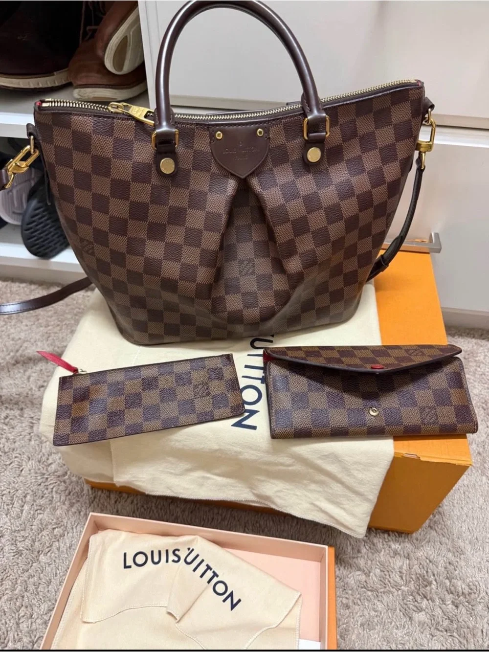Louis Vuitton Brown Damier Ebene Canvas Tote with Matching Pouches
